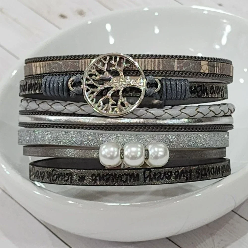 Multilayer Leather‎ Bangle Magnetic Clasp Bracelet for Men or Women 7.5in Silver